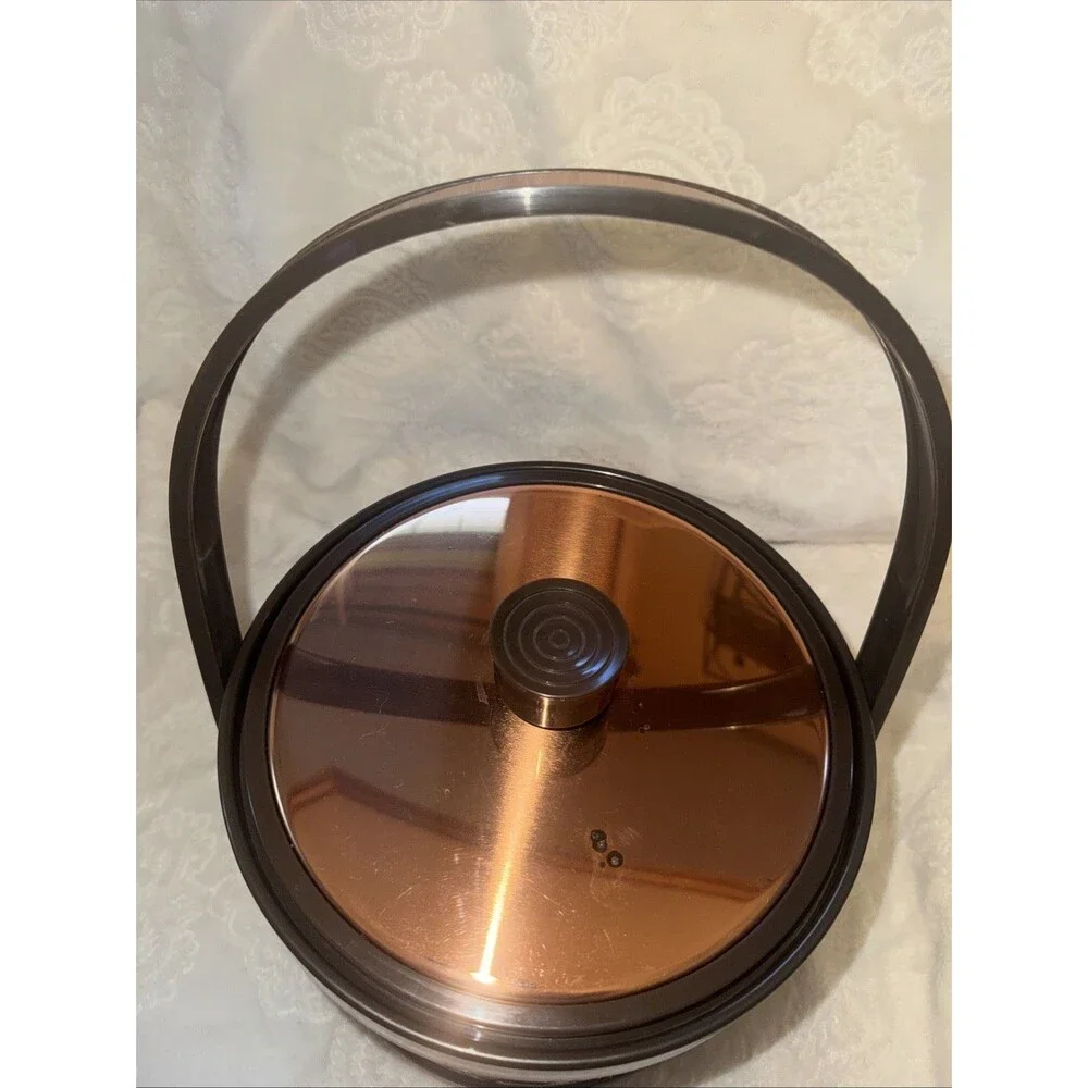 Vtg ATAPCO COPPER Brown ICE BUCKET With Lid German Scene 8” *flaw On Lid